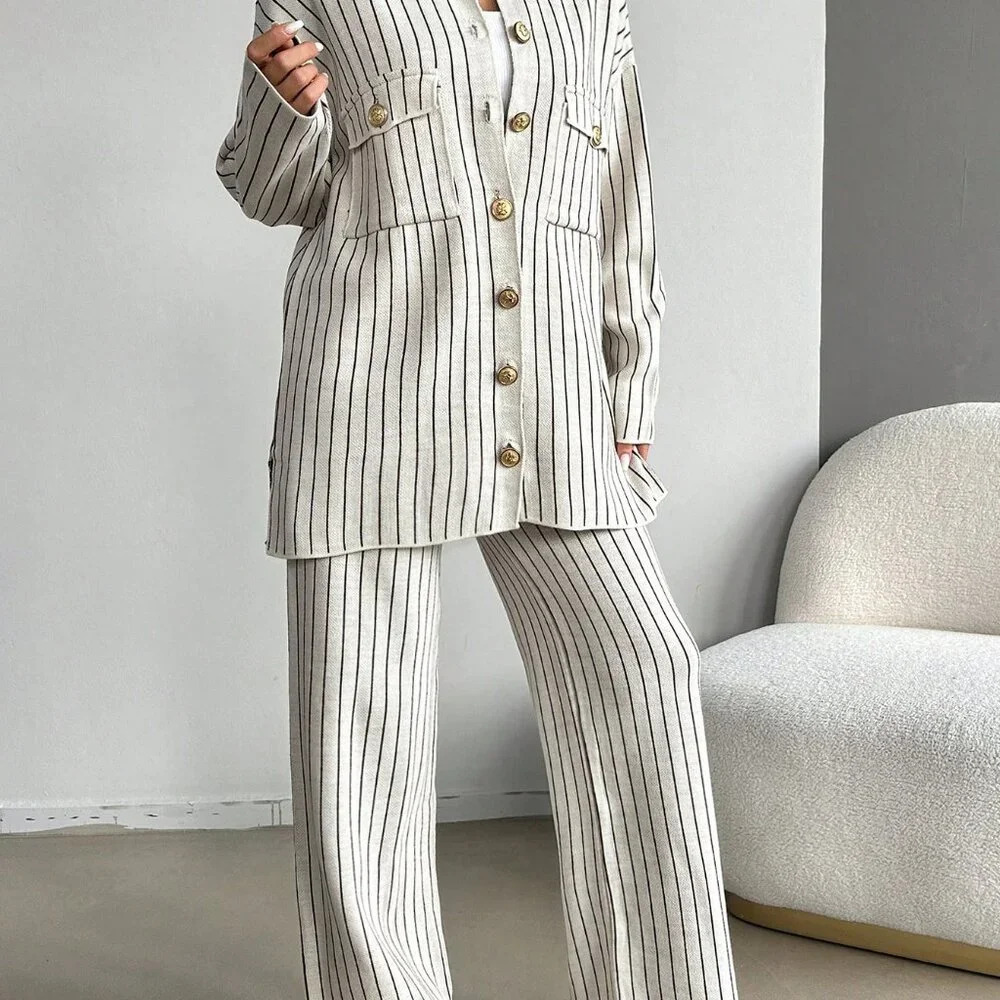 Apricot Casual Women's Striped Pattern Drop Shoulder Cardigan & Knit Pants - Picture 5 of 5